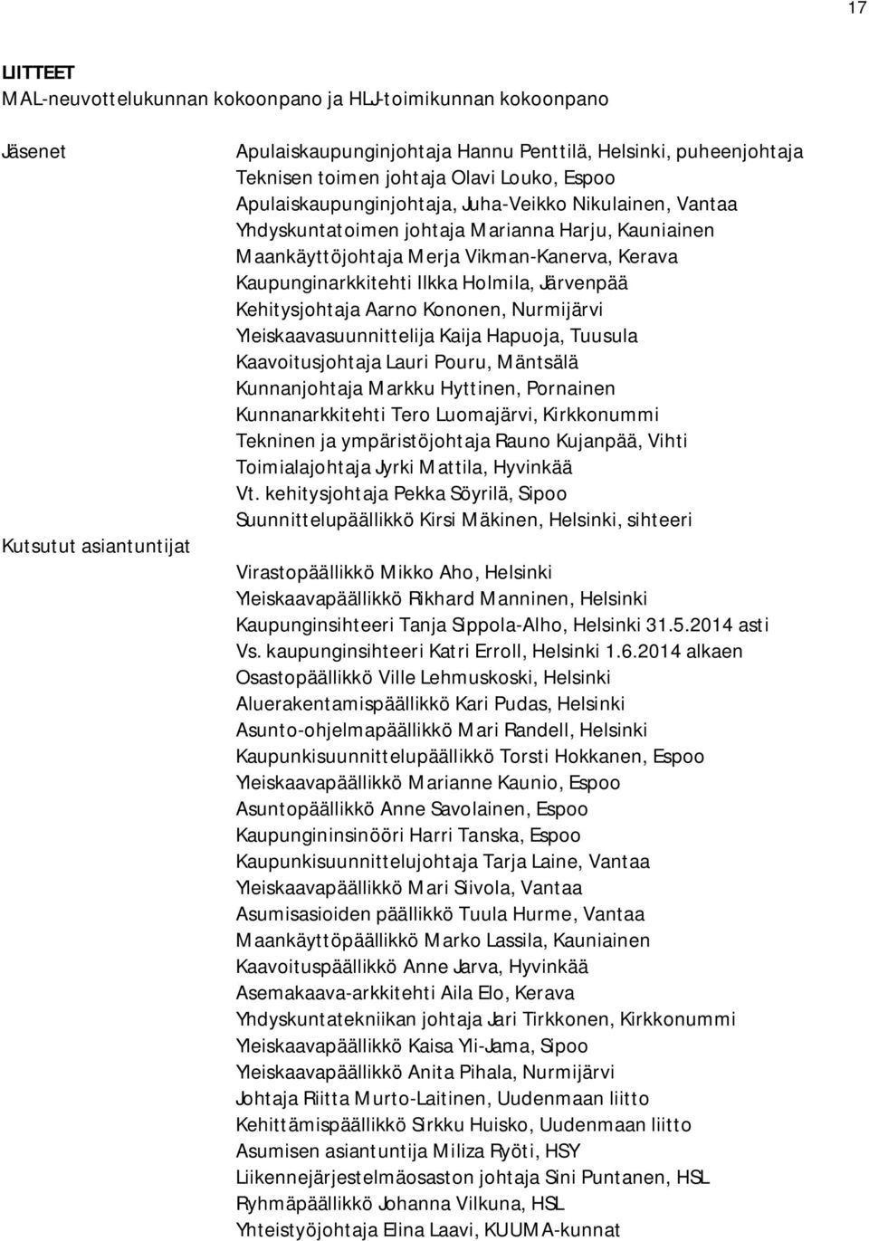 Holmila, Järvenpää Kehitysjohtaja Aarno Kononen, Nurmijärvi Yleiskaavasuunnittelija Kaija Hapuoja, Tuusula Kaavoitusjohtaja Lauri Pouru, Mäntsälä Kunnanjohtaja Markku Hyttinen, Pornainen