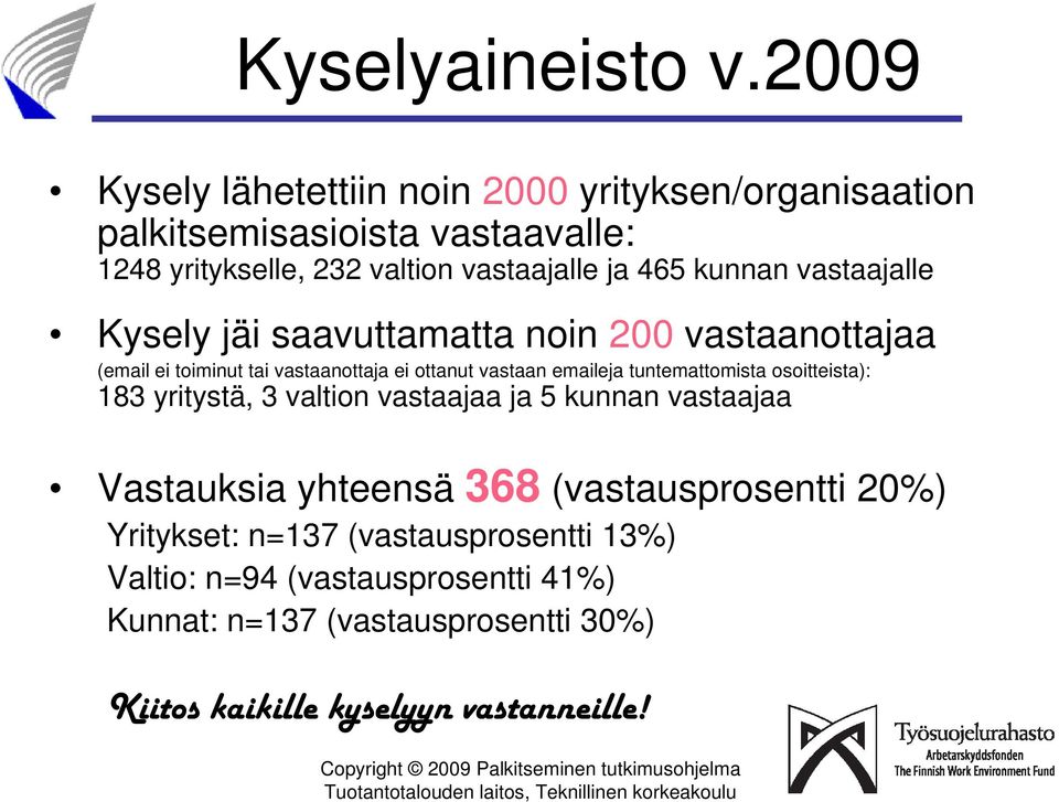 kunnan vastaajalle Kysely jäi saavuttamatta noin 200 vastaanottajaa (email ei toiminut tai vastaanottaja ei ottanut vastaan emaileja