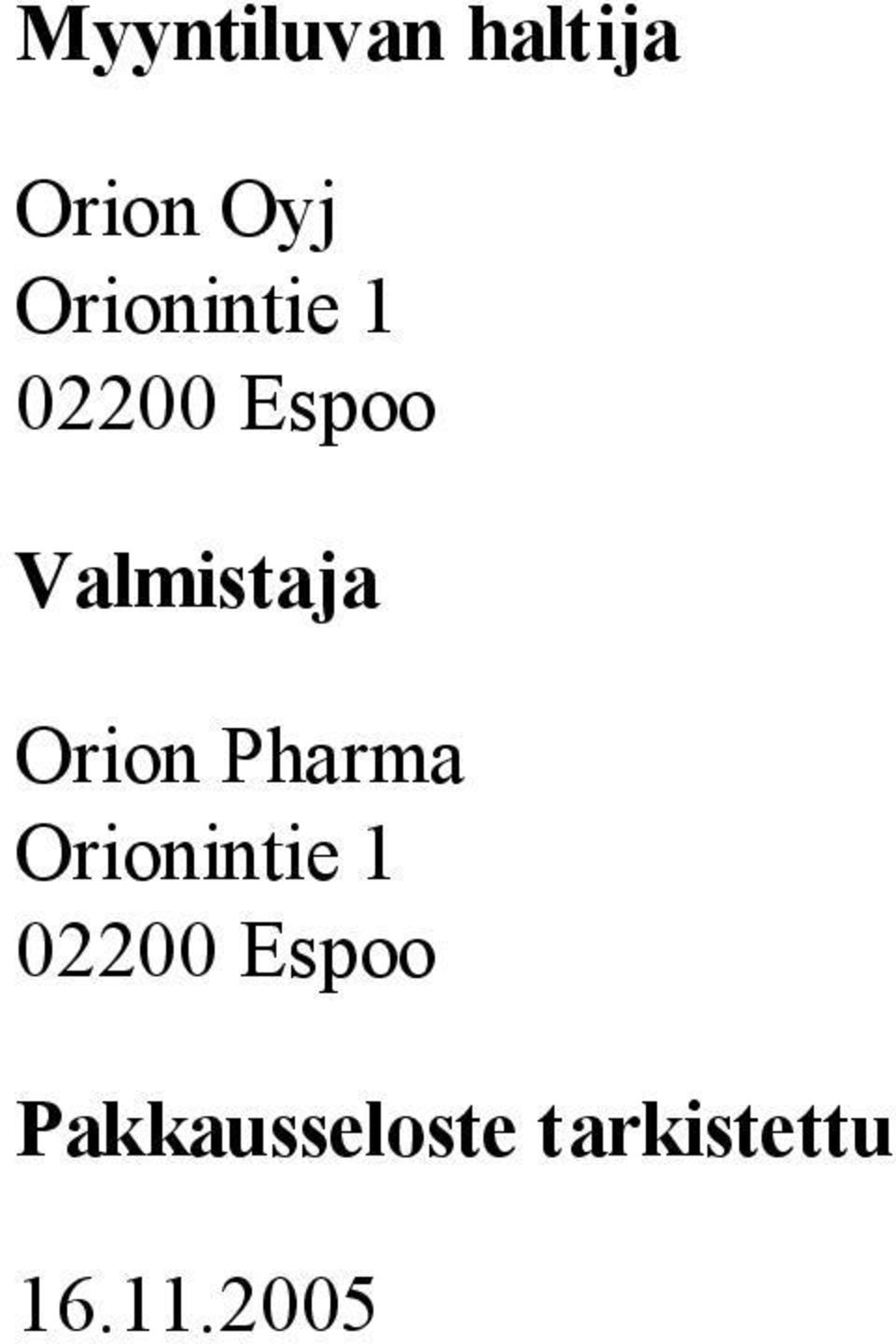 Orion Pharma Orionintie 1 02200