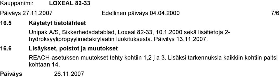 .1.2000 sekä lisätietoja 2 hydroksyylipropyylimetakrylaatin luokituksesta. Päivitys 13.11.2007. 16.