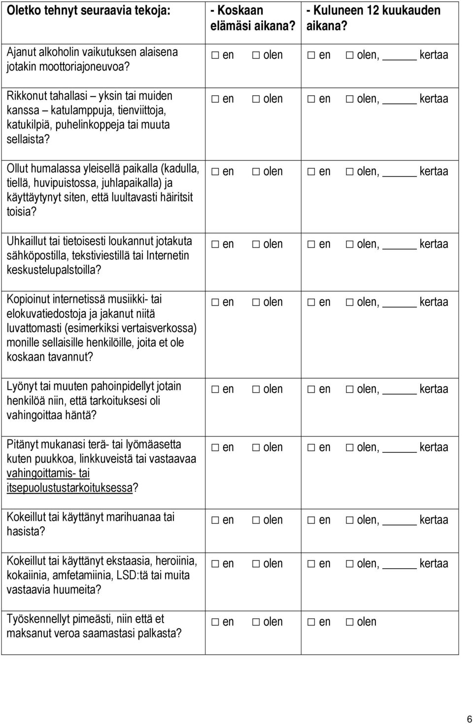 Ollut humalassa yleisellä paikalla (kadulla, tiellä, huvipuistossa, juhlapaikalla) ja käyttäytynyt siten, että luultavasti häiritsit toisia?