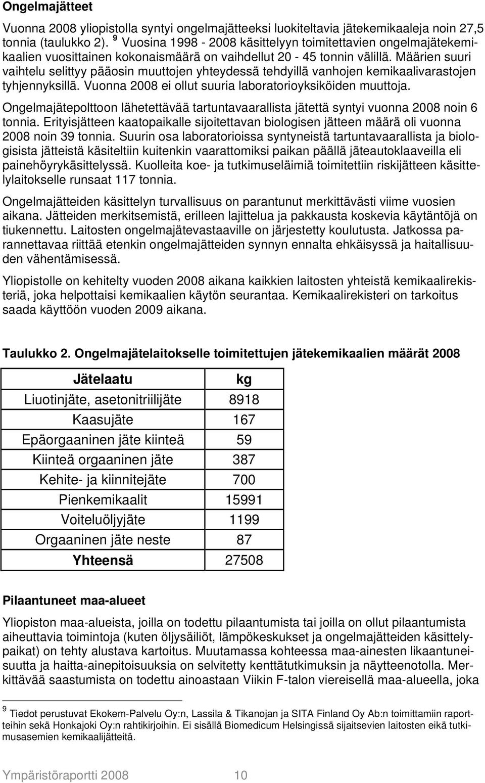 Määrien suuri vaihtelu selittyy pääosin muuttojen yhteydessä tehdyillä vanhojen kemikaalivarastojen tyhjennyksillä. Vuonna 2008 ei ollut suuria laboratorioyksiköiden muuttoja.