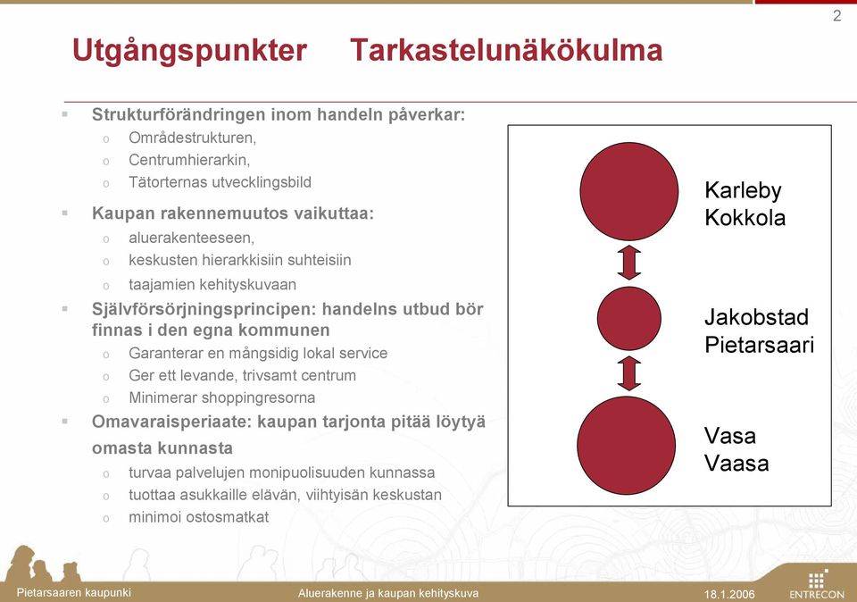 egna kommunen o Garanterar en mångsidig lokal service o Ger ett levande, trivsamt centrum o Minimerar shoppingresorna Omavaraisperiaate: kaupan tarjonta pitää löytyä