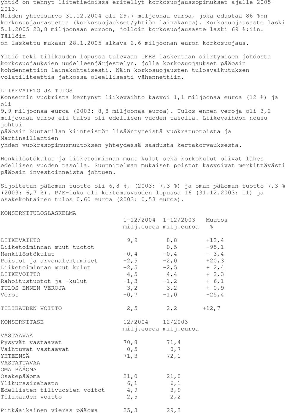 2005 23,8 miljoonaan euroon, jolloin korkosuojausaste laski 69 %:iin. Tällöin on laskettu mukaan 28.1.2005 alkava 2,6 miljoonan euron korkosuojaus.