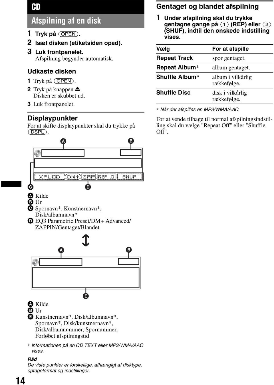 A B Gentaget og blandet afspilning 1 Under afspilning skal du trykke gentagne gange på (1) (REP) eller (2) (SHUF), indtil den ønskede indstilling vises.