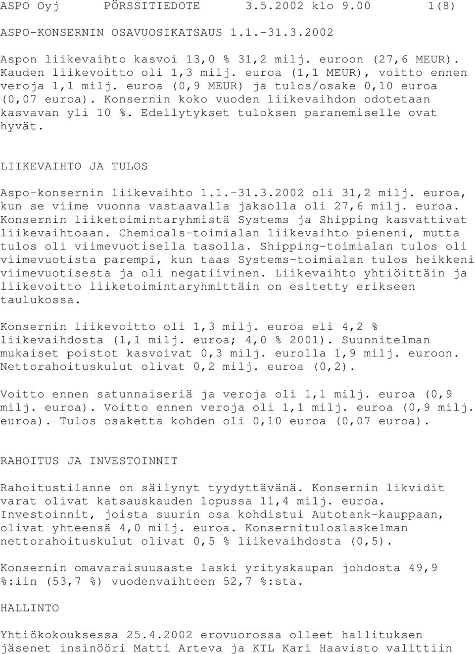 Edellytykset tuloksen paranemiselle ovat hyvät. LIIKEVAIHTO JA TULOS Aspo-konsernin liikevaihto 1.1. 31.3.2002 oli 31,2 milj. euroa,