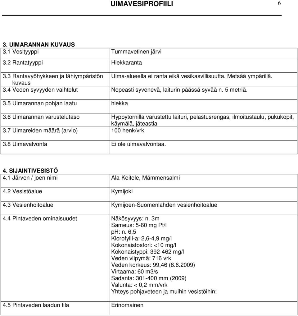 6 Uimarannan varustelutaso Hyppytornilla varustettu laituri, pelastusrengas, ilmoitustaulu, pukukopit, käymälä, jäteastia 3.7 Uimareiden määrä (arvio) 100 henk/vrk 3.