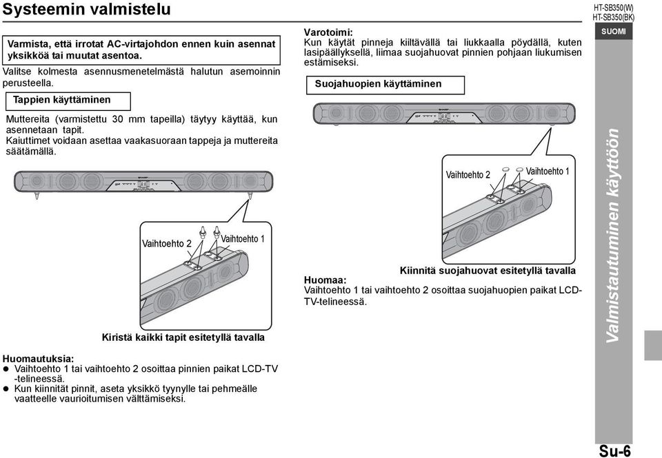 DE (1) Suojahuopien käyttäminen FR (2) Muttereita (varmistettu 30 mm tapeilla) täytyy käyttää, kun asennetaan tapit. Kaiuttimet voidaan asettaa vaakasuoraan tappeja ja muttereita säätämällä.