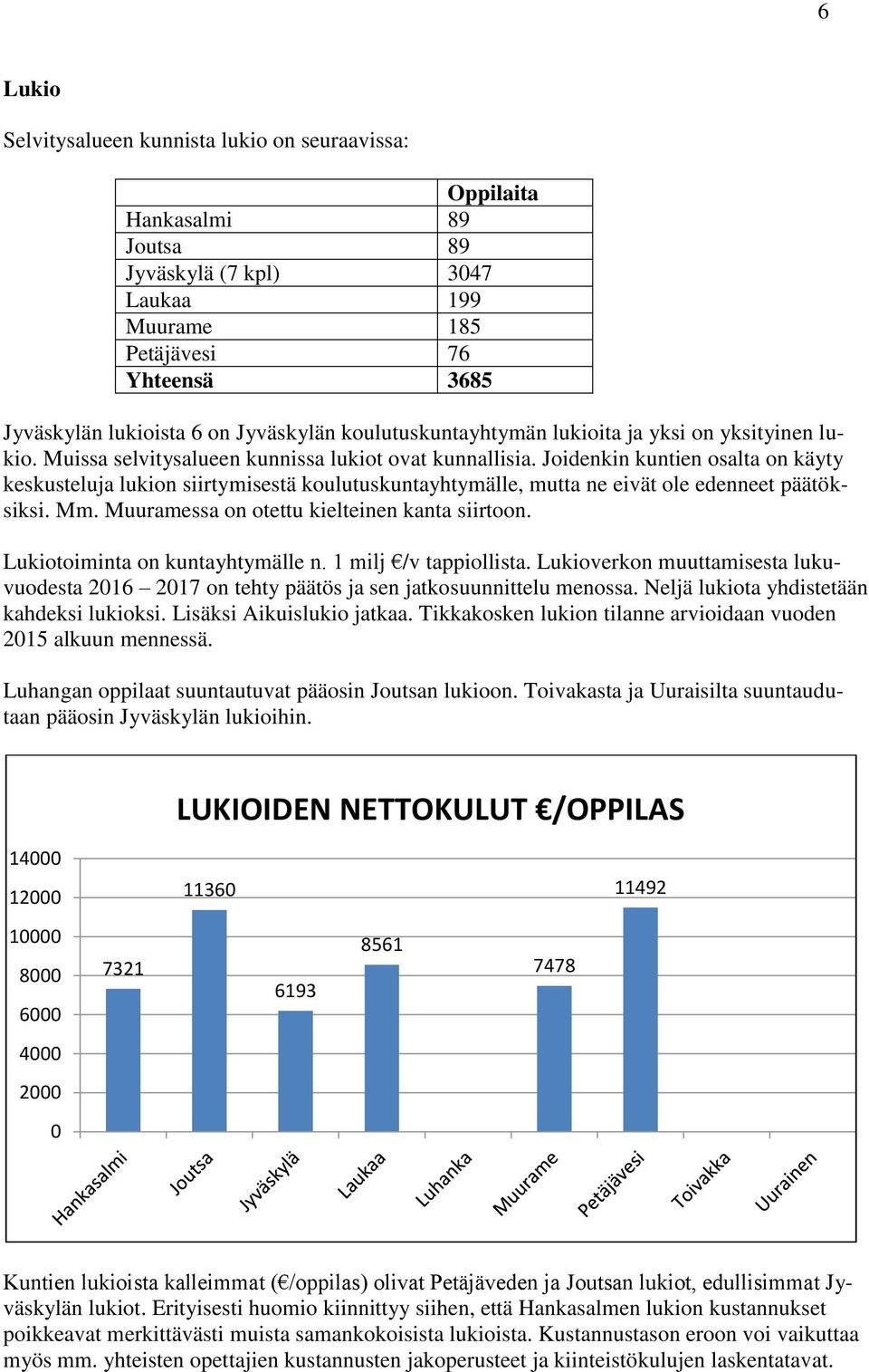 Joidenkin kuntien osalta on käyty keskusteluja lukion siirtymisestä koulutuskuntayhtymälle, mutta ne eivät ole edenneet päätöksiksi. Mm. Muuramessa on otettu kielteinen kanta siirtoon.