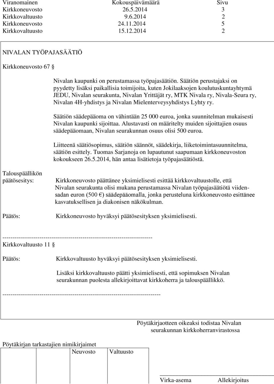 4H-yhdistys ja Nivalan Mielenterveysyhdistys Lyhty ry. Säätiön säädepääoma on vähintään 25 000 euroa, jonka suunnitelman mukaisesti Nivalan kaupunki sijoittaa.