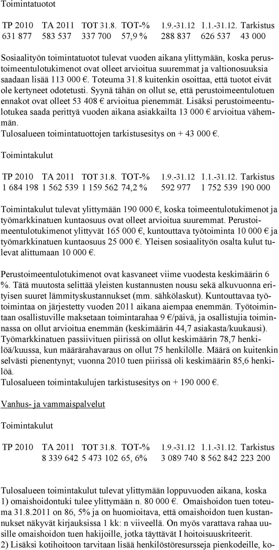 Syynä tähän on ollut se, että perustoimeentulo tuen ennakot ovat olleet 53 408 arvioitua pienemmät. Lisäksi perustoimeentulo tukea saada perittyä vuoden aikana asiakkailta 13 000 arvioitua vähemmän.