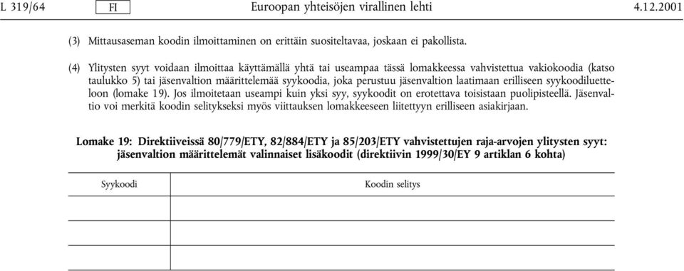 jäsenvaltion laatimaan erilliseen syyluetteloon (lomake 19). Jos ilmoitetaan useampi kuin yksi syy, syyt on erotettava toisistaan puolipisteellä.