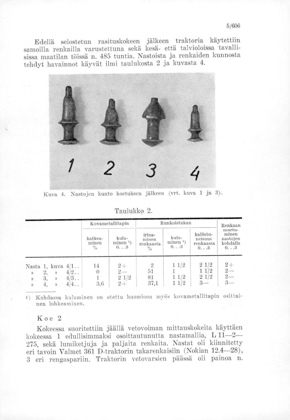 Rovametallitapin katkeaminen % kuluminen')...3 irtoalainan renkaasta % Runkoistukan kuluminen')...3 kallistanelsuus renkaassa...3 Renkaan murtuminen nastojen kohdalla...3 Nasta 1, kuva 4/1..» 2,» 4/2.