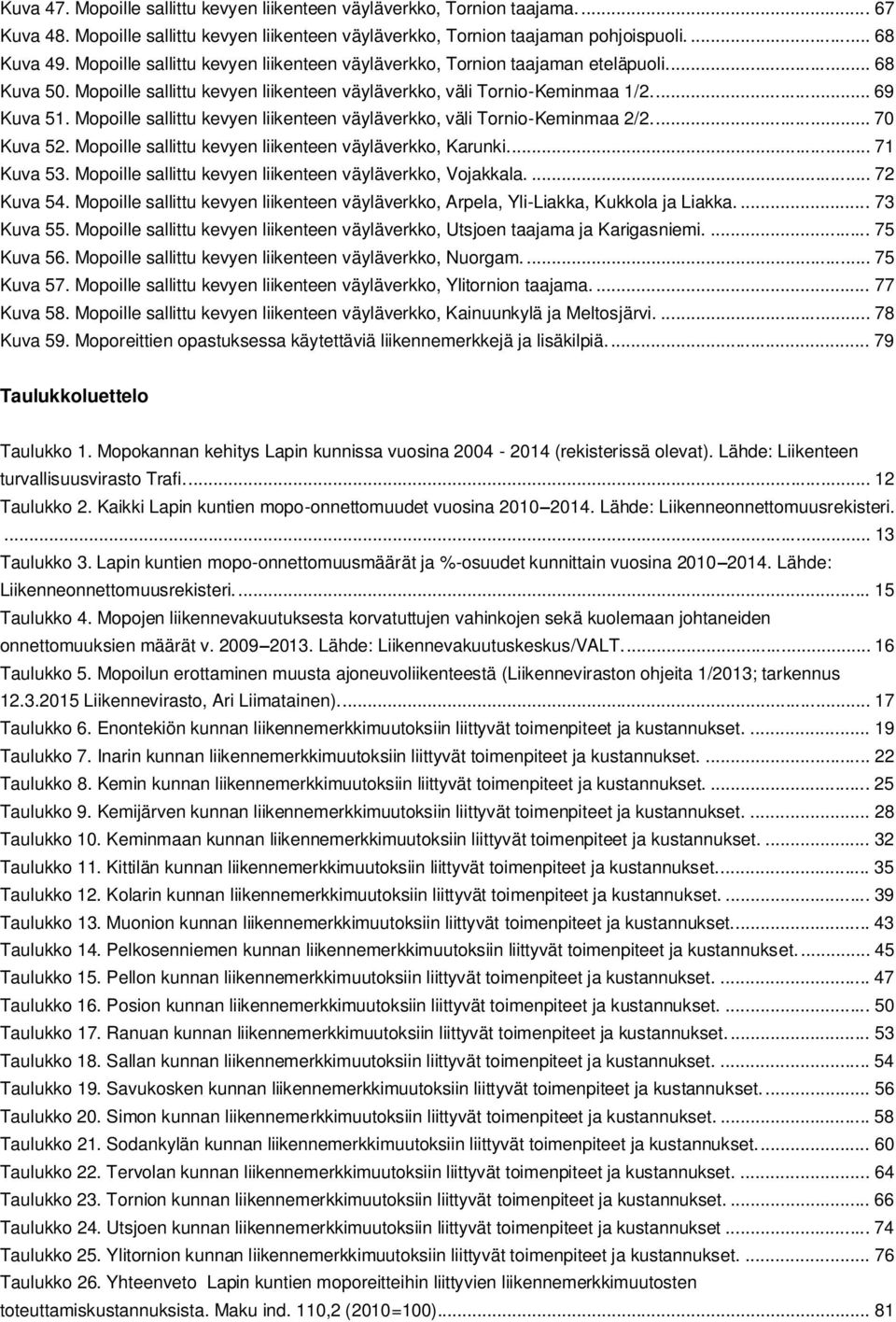 Mopoille sallittu kevyen liikenteen väyläverkko, väli Tornio-Keminmaa 2/2.... 70 Kuva 52. Mopoille sallittu kevyen liikenteen väyläverkko, Karunki.... 71 Kuva 53.