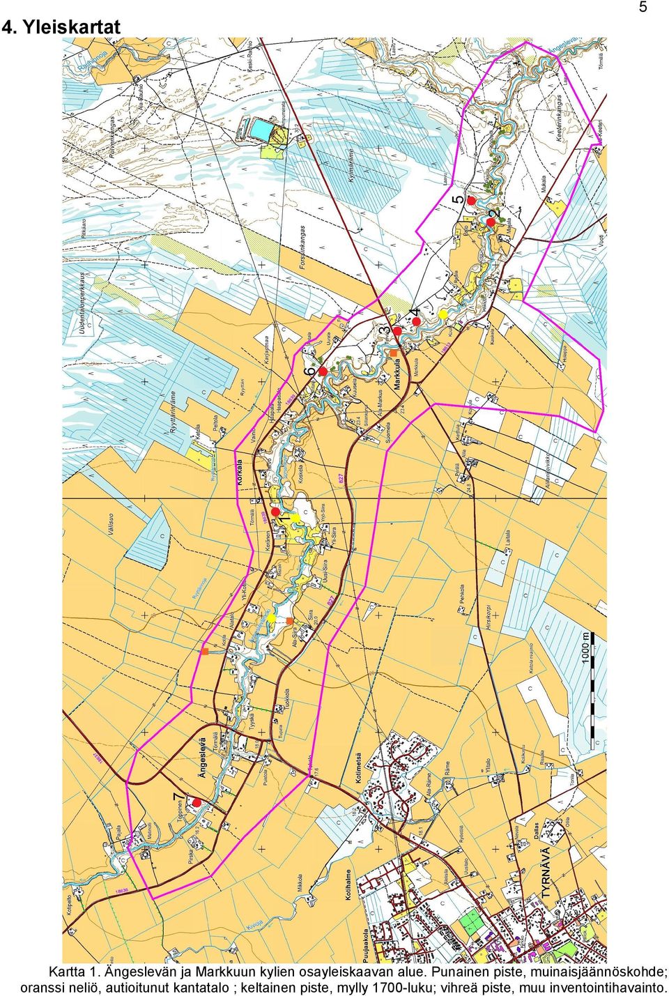 Punainen piste, muinaisjäännöskohde; oranssi neliö,