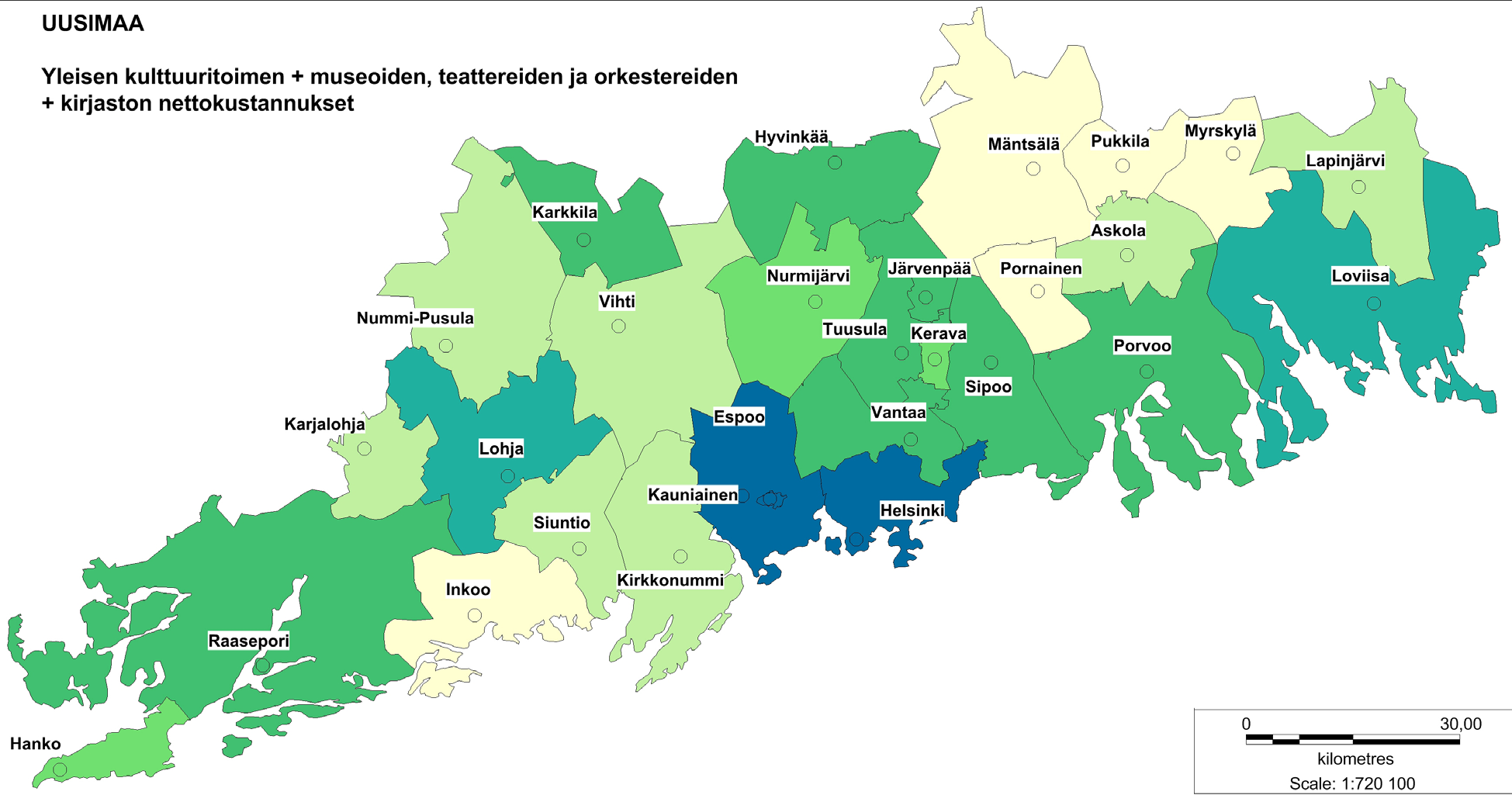 Kartta 19.16. Asukaskohtaiset nettokustannukset Uudellamaalla: kirjasto Kartta 19.17.