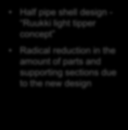 Evolution of a tipper body with Ruukki s support in product re-design Raex 400 Optim 700 Initial design 1 st and 2 nd concept 3 rd concept 4 th concept Traditional box type tipper for coal