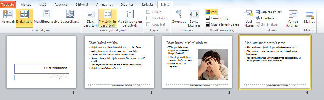 Mojtaba Sohrabzade Raportti 1 (11) Oppimistehtävä 1 Tee nelidiainen esitys aiheena Oppiminen/Opiskelu. Valitse esitykseesi Teema. Ensimmäinen dia on otsikkodia. Dian asettelu on Otsikkodia.