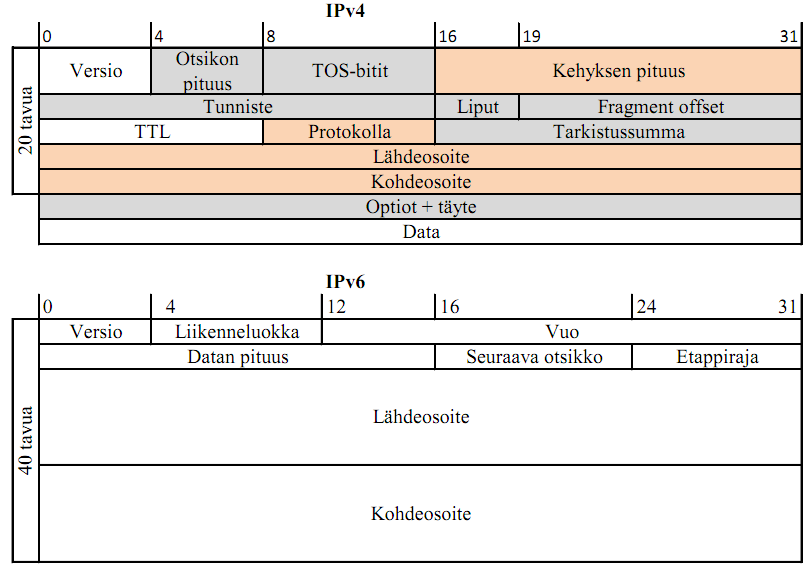 29 KUVIO 10. Ipv4:n ja ipv6:n kehyksien otsikkokenttien erot (Kaario 2002, 110) Kuviosta kymmenen nähdään, miten ip-kehyksien otsikot ovat muuttuneet. Kuvion ylempi kehys on ipv4:n ja alempi ipv6:n.