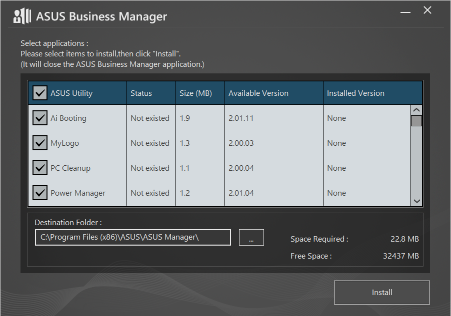 Kappale 5 ASUS Business Managerin käyttö ASUS Business Manager ASUS Manager tarjoaa sarjan työkaluja ASUS-tietokoneen mukauttamiseen ja kunnossapitoon. ASUS Business Managerin asentaminen 1.