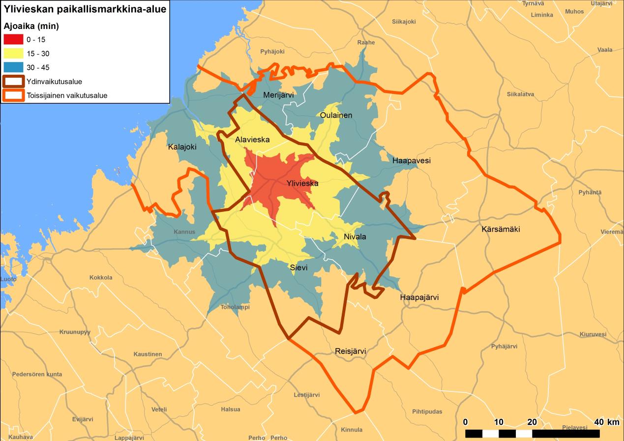 SAAVUTETTAVUUS Oheisella kartalla on esitetty paikallismarkkina-alueen lisäksi ajoaikavyöhykkeet