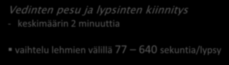 Vedinten pesu ja lypsinten kiinnitys - keskimäärin 2 minuuttia vaihtelu lehmien välillä 77 640 sekuntia/lypsy Lypsy vaihtelu tilojen välillä 6,1 8,9