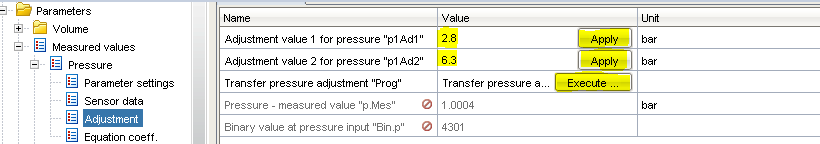 Painekalibrointi tehdään ensuite-ohjelman measured values -kansion pressure adjustment -valikosta. Kuvassa 5.4 