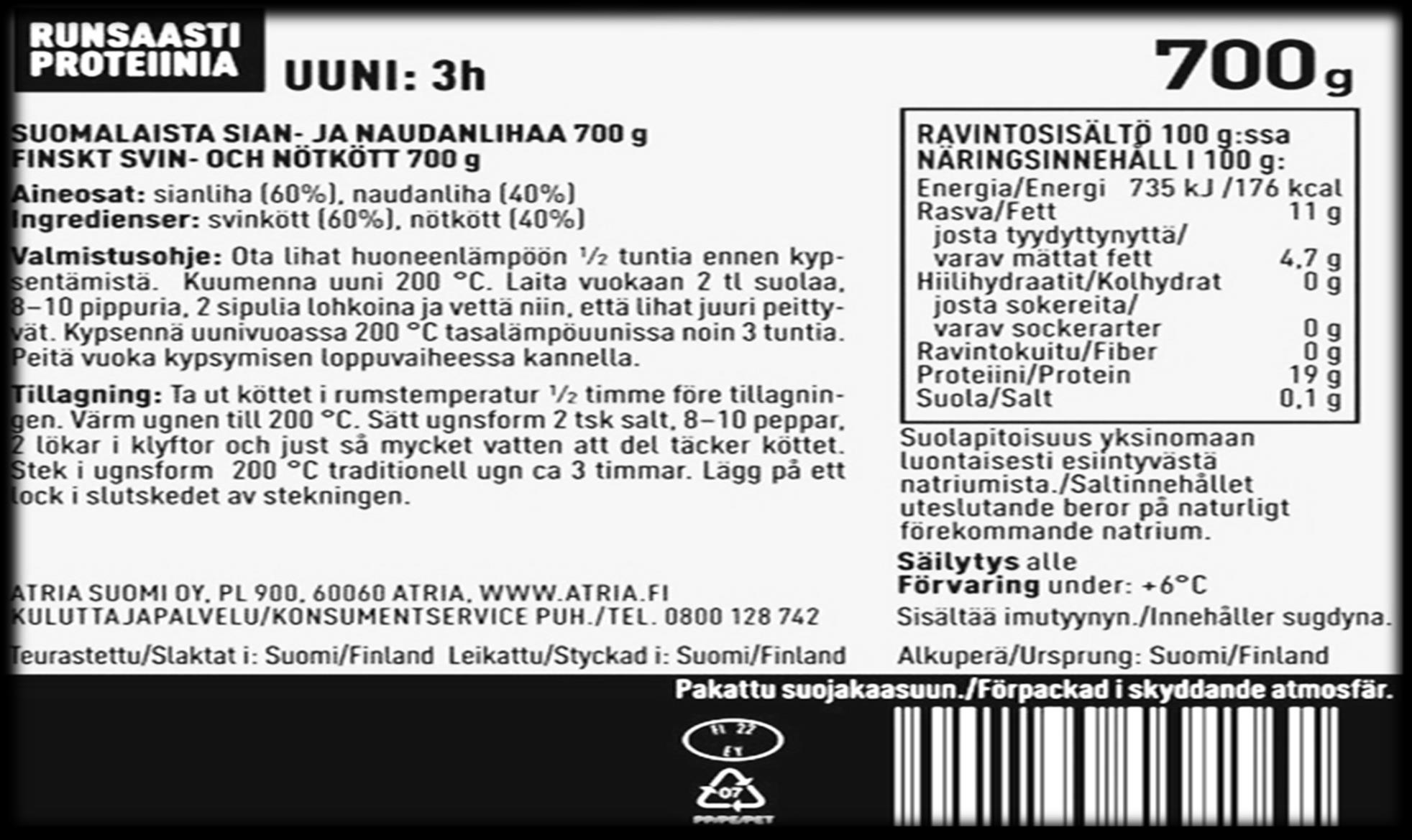 Alkuperä: Suomi on riittävä koskien naudanlihan ja samalla sianlihan merkintää. Valmistuspäivä / Tillverkningsdag 22.5.2016 Erä / Part: 12345, klo 12.