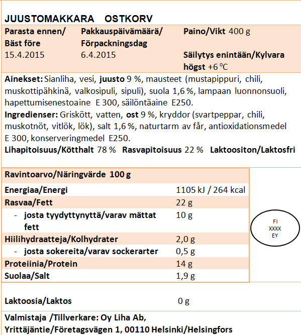 Elintarvikkeen nimi Allergeenimerkintä Vähimmäissäilyvyysaika Ainesosaluettelo Säilytysohje Ainesosan määrä Kieli Sisällön määrä Vapaaehtoinen merkintä Lis.suola- % poistuu 13.12.