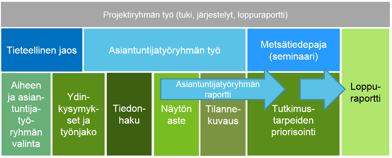 Kuva 4. Metsätiedepaja-prosessiin osallistuvat tahot ja prosessin vaiheet. Kuvassa 4 on esitys metsätiedepaja-konseptin toteutuksesta lääketieteen Käypä hoito -suositusten mallia mukaillen.