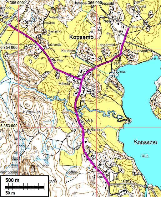 4 Yleiskartat Tutkittu alue sinipunaisella käytännössä tien varsia tutkittiin