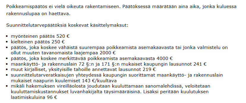 Poikkeamispäätösten ja suunnittelutarveratkaisujen maksut