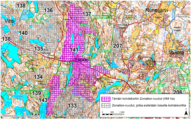 Espoo, Zonation-aluetunnus 141 ESPOO (141) Laaja, kaksiosainen alue sijaitsee Pohjois-Espoossa Rinnekodin ja Lakiston asuinalueen sekä Sorvalammen (Sarvsjö) välissä ulottuen itäosassaan osin Luukkaan