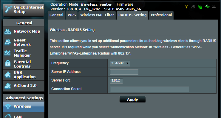 4.1.4 RADIUS-asetus RADIUS (Remote Authentication Dial In User Service) -asetus tarjoaa ylimääräisen suojaustason, kun valitset tunnistustavaksi WPA-Enterprisen, WPA2-Enterprisen tai Radius ja 802.