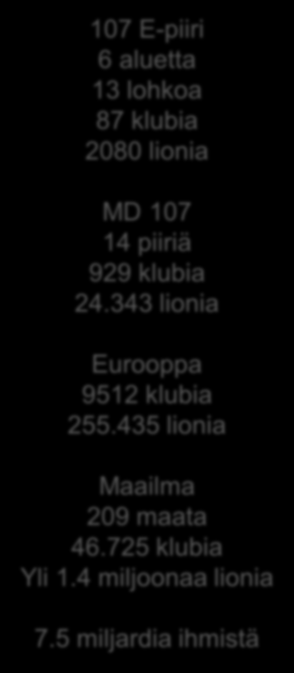 107 E-piiri 6 aluetta 13 lohkoa 87 klubia 2080 lionia Moninkertaispiiri Piiri Lohkot ja alueet Klubi L MD 107 14 piiriä 929 klubia