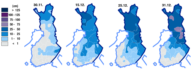 Savo-Karjalan Ympäristötutkimus Oy muutamia. Pohjois-Karjalassa oli jo lunta, muualla sataneet lumet sulivat viidennentoista päivän tienoilla vesisateiden myötä.