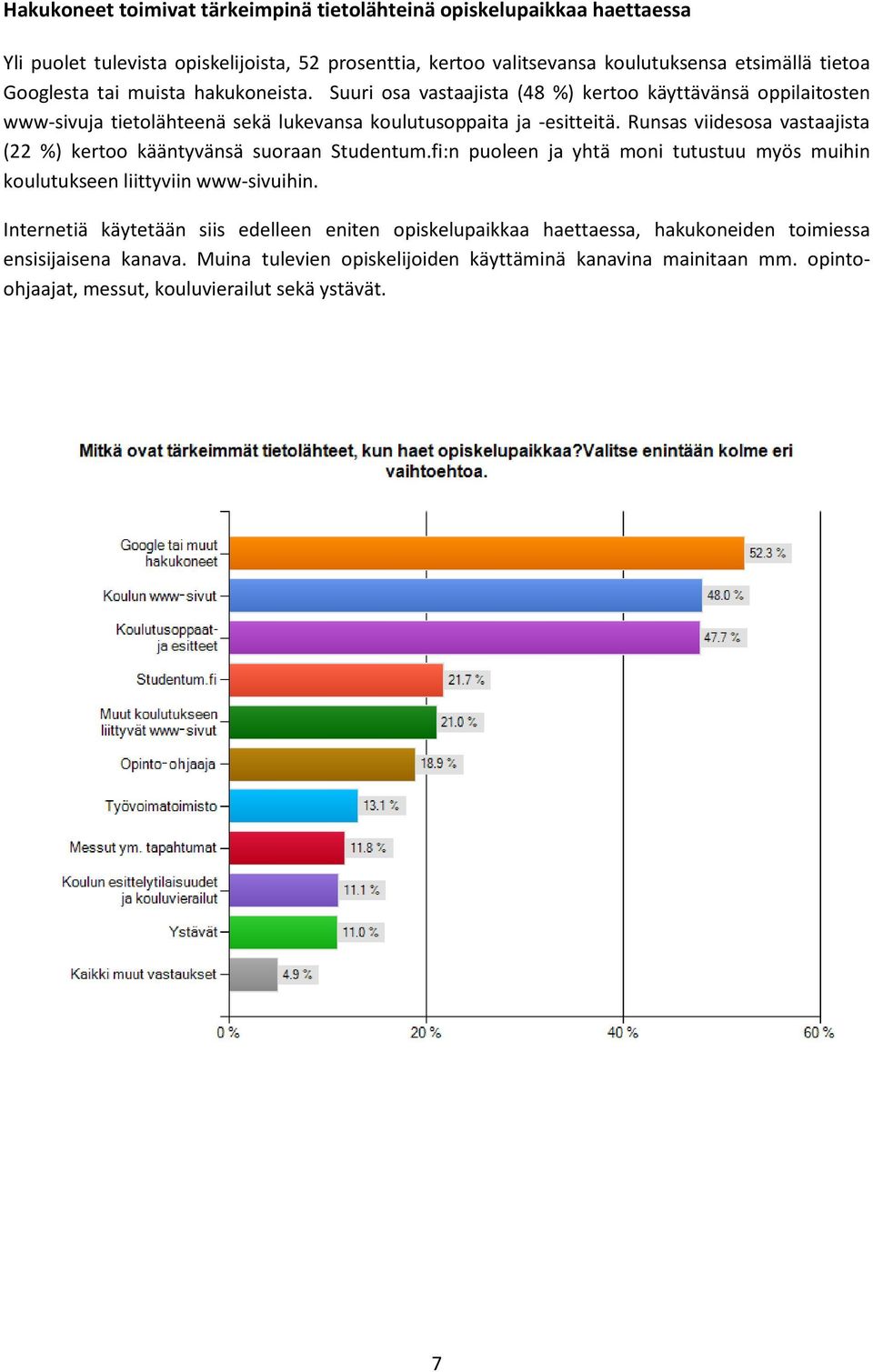 Runsas viidesosa vastaajista (22 %) kertoo kääntyvänsä suoraan Studentum.fi:n puoleen ja yhtä moni tutustuu myös muihin koulutukseen liittyviin www-sivuihin.