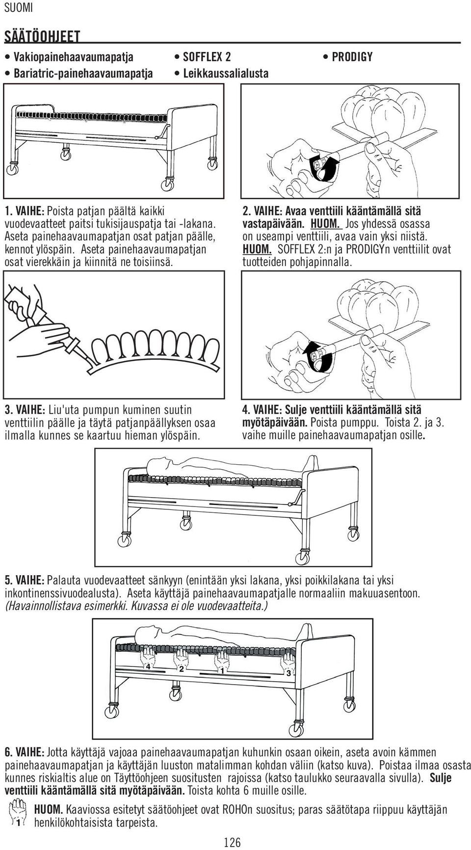 Jos yhdessä osassa on useampi venttiili, avaa vain yksi niistä. HUOM. SOFFLEX 2:n ja PRODIGYn venttiilit ovat tuotteiden pohjapinnalla. 3.