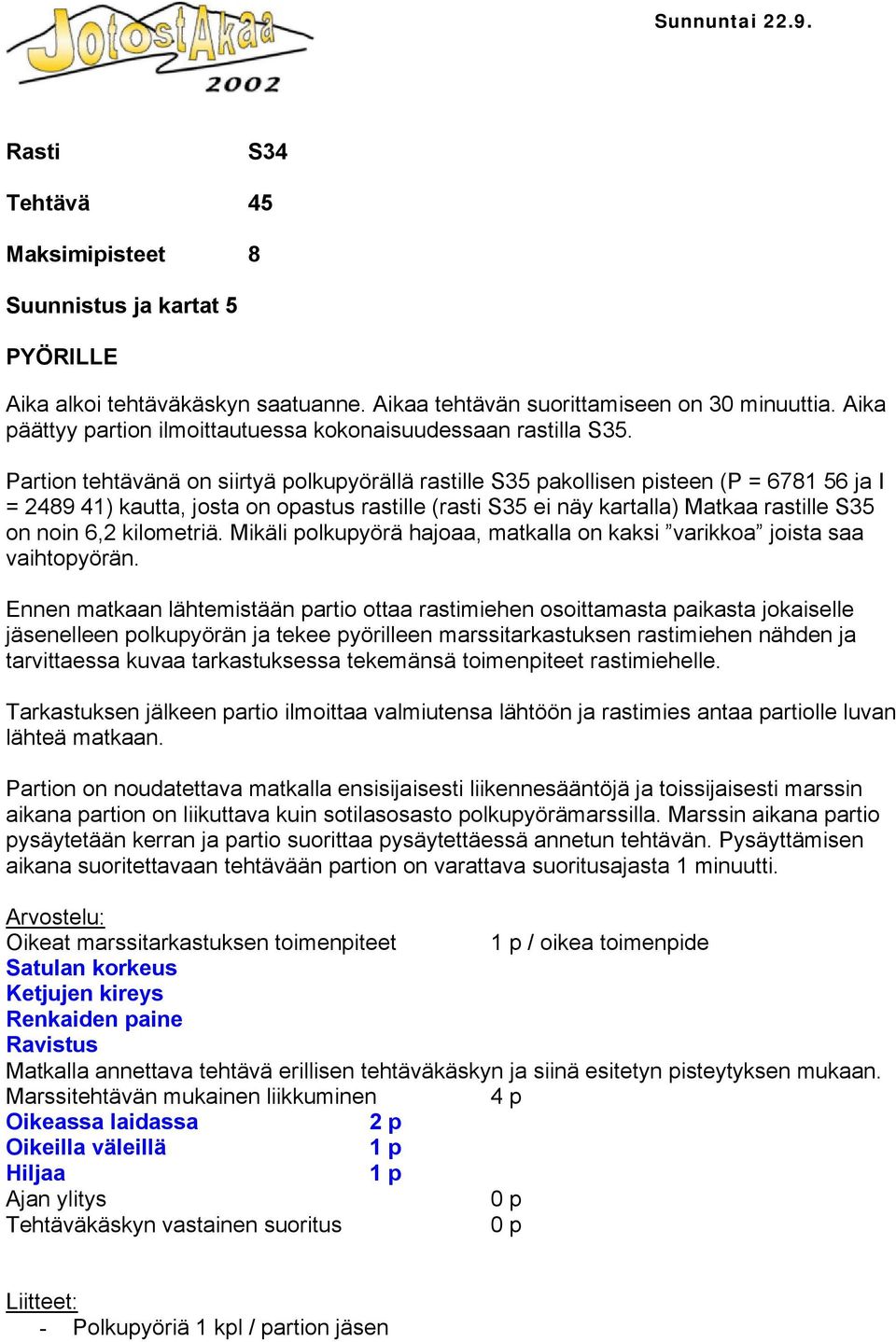 Partion tehtävänä on siirtyä polkupyörällä rastille S35 pakollisen pisteen (P = 6781 56 ja I = 2489 41) kautta, josta on opastus rastille (rasti S35 ei näy kartalla) Matkaa rastille S35 on noin 6,2