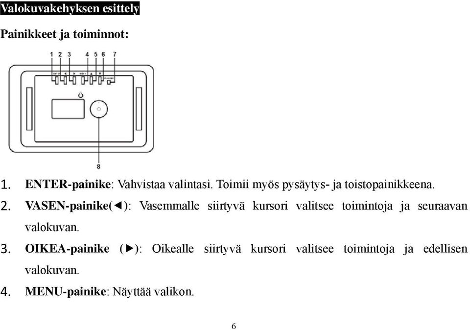 VASEN-painike( ): Vasemmalle siirtyvä kursori valitsee toimintoja ja seuraavan valokuvan.