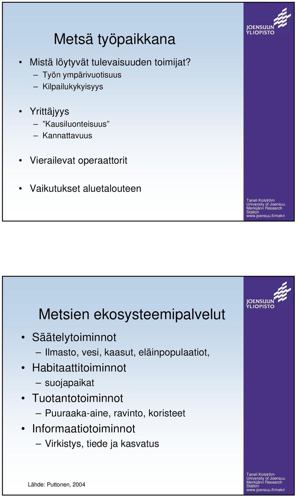Vaikutukset aluetalouteen Metsien ekosysteemipalvelut Säätelytoiminnot Ilmasto, vesi, kaasut,