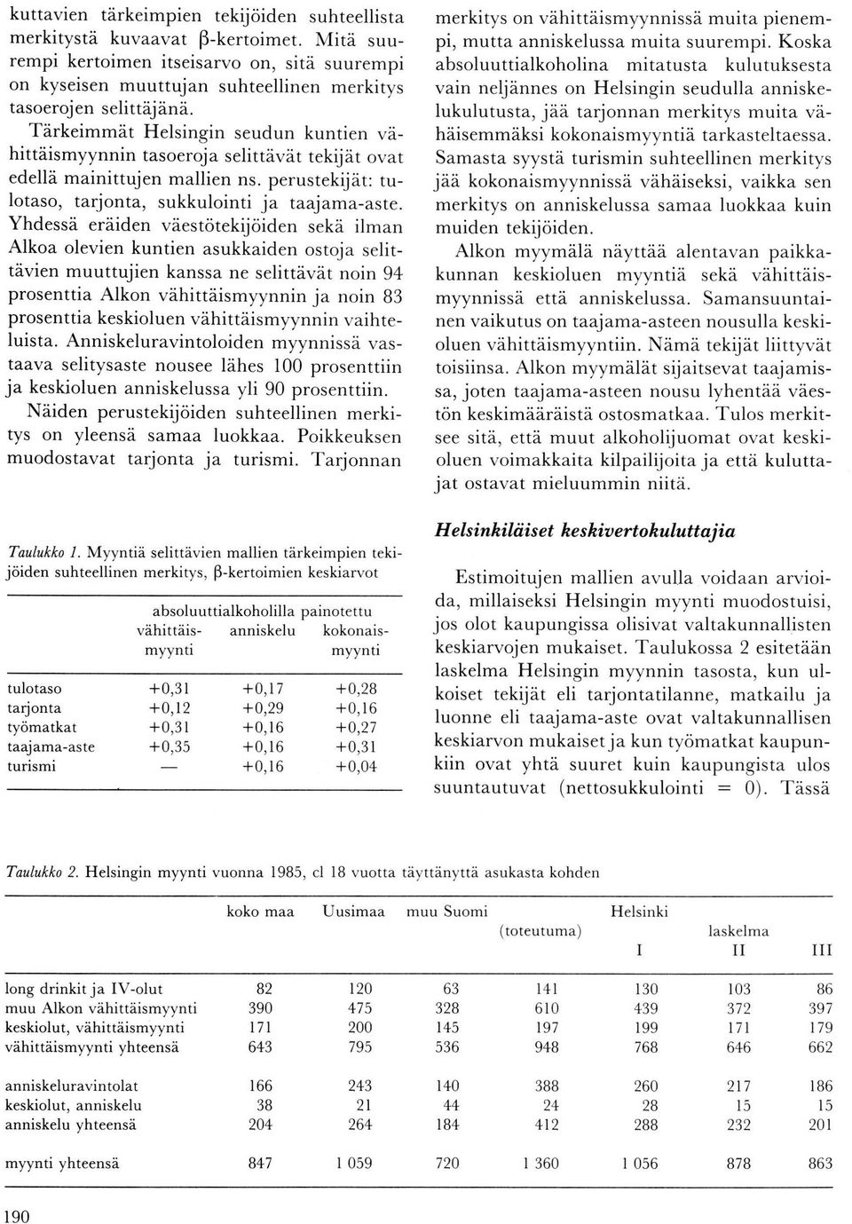 Yhdessä eräiden väestötekijöiden sekä ilman Alkoa olevien kuntien asukkaiden ostoja selittävien muuttujien kanssa ne selittävät noin 94 prosenttia Alkon vähittäismyynnin ja noin 83 prosenttia