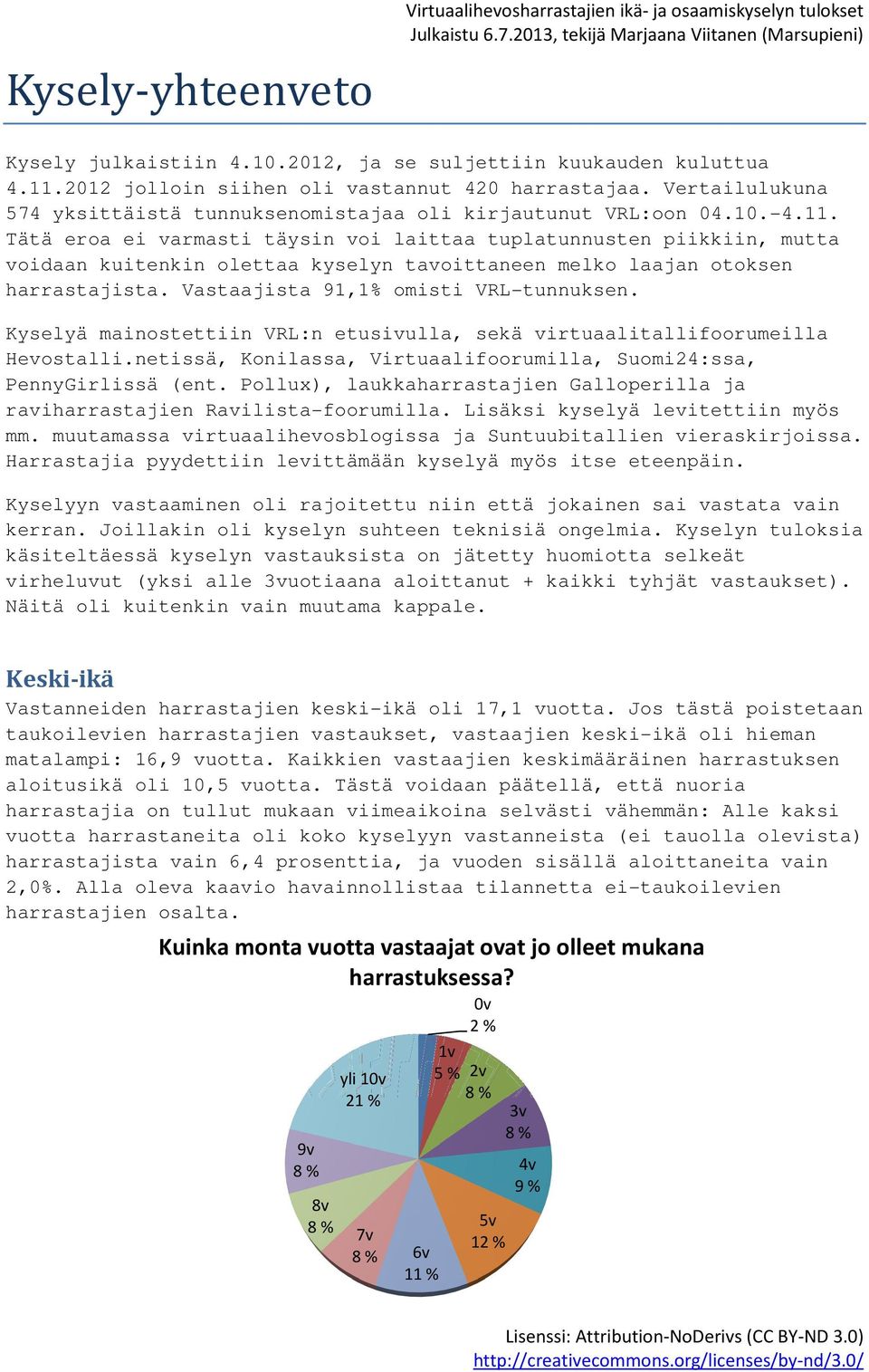 Tätä eroa ei varmasti täysin voi laittaa tuplatunnusten piikkiin, mutta voidaan kuitenkin olettaa kyselyn tavoittaneen melko laajan otoksen harrastajista. Vastaajista 91,1% omisti VRL-tunnuksen.