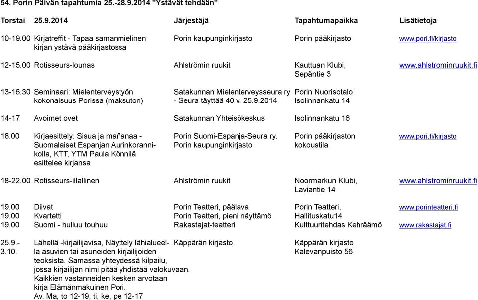 ahlstrominruukit.fi Sepäntie 3 13-16.30 Seminaari: Mielenterveystyön Satakunnan Mielenterveysseura ry Porin Nuorisotalo kokonaisuus Porissa (maksuton) - Seura täyttää 40 v. 25.9.