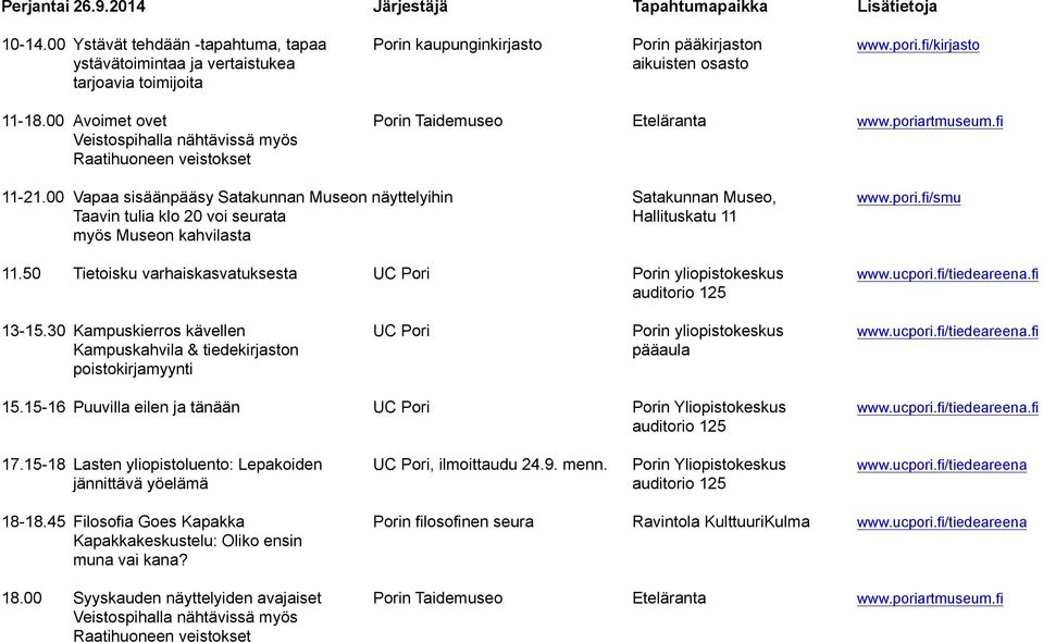 fi Veistospihalla nähtävissä myös Raatihuoneen veistokset 11-21.00 Vapaa sisäänpääsy Satakunnan Museon näyttelyihin Satakunnan Museo, www.pori.