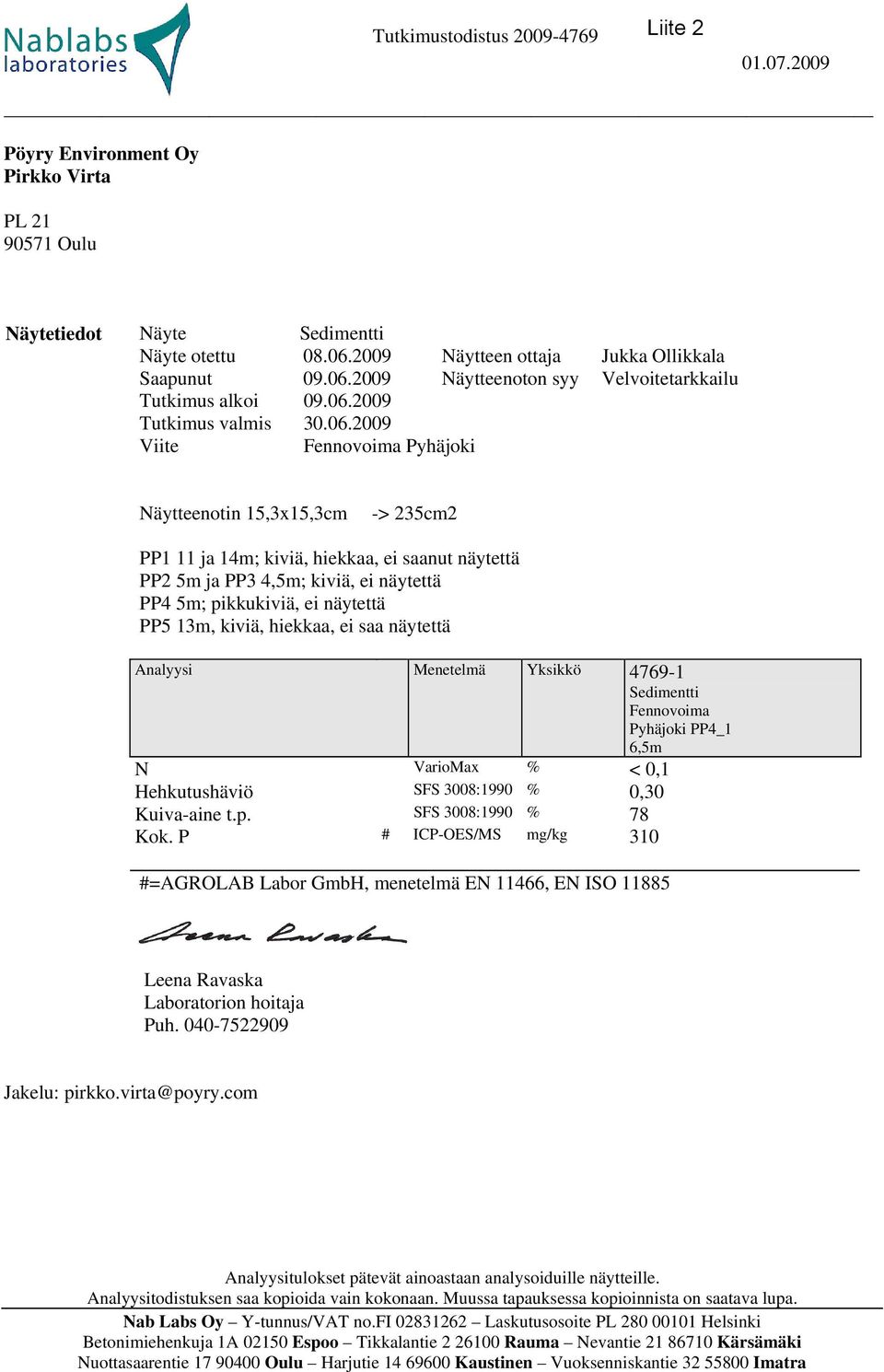 pikkukiviä, ei näytettä PP5 13m, kiviä, hiekkaa, ei saa näytettä Analyysi Menetelmä Yksikkö 4769-1 Sedimentti Fennovoima Pyhäjoki PP4_1 6,5m N VarioMax % < 0,1 Hehkutushäviö SFS 3008:1990 % 0,30