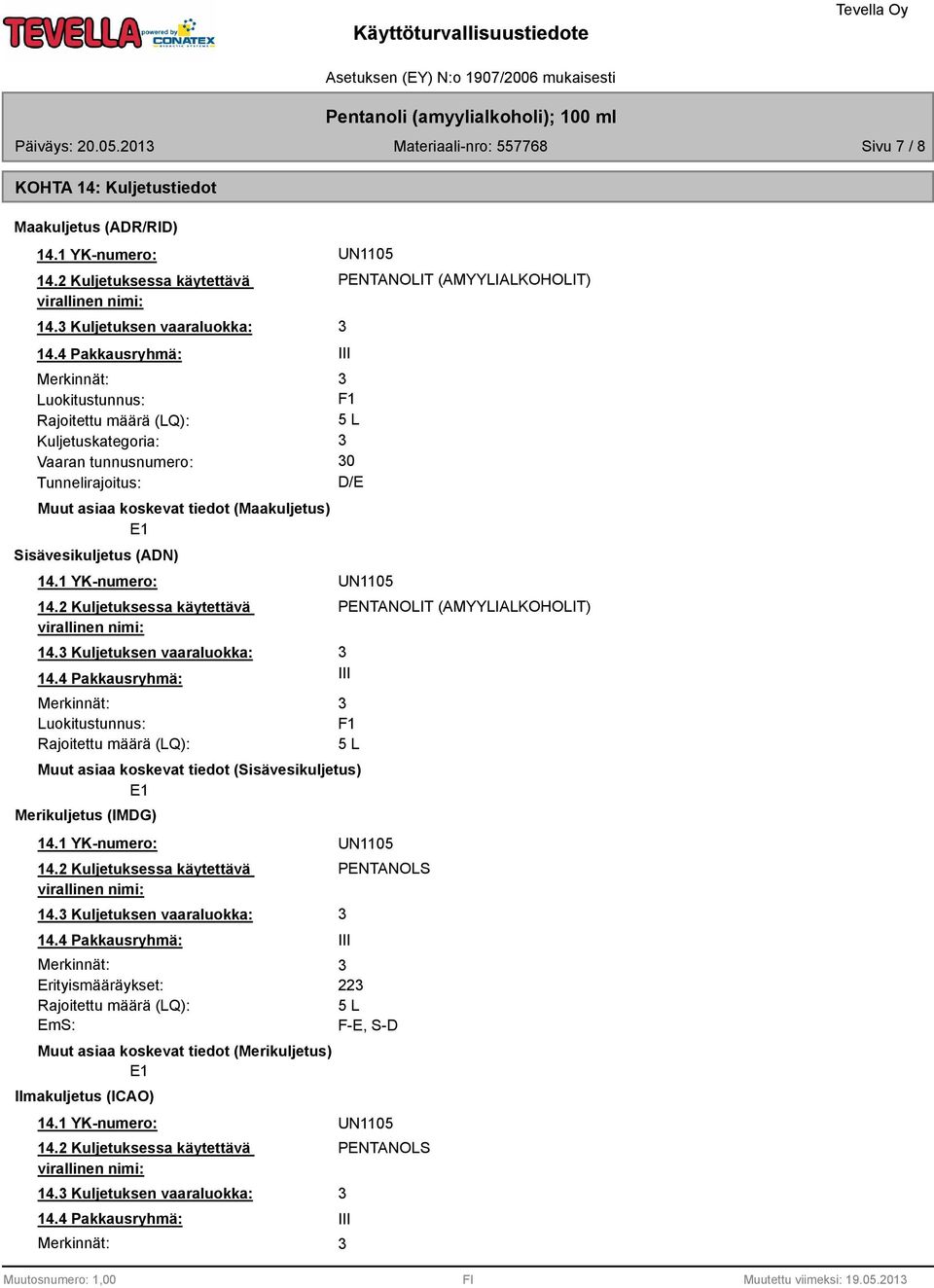 Sisävesikuljetus (ADN) 14.1 YK-numero: 14.2 Kuljetuksessa käytettävä virallinen nimi: 14. Kuljetuksen vaaraluokka: 14.