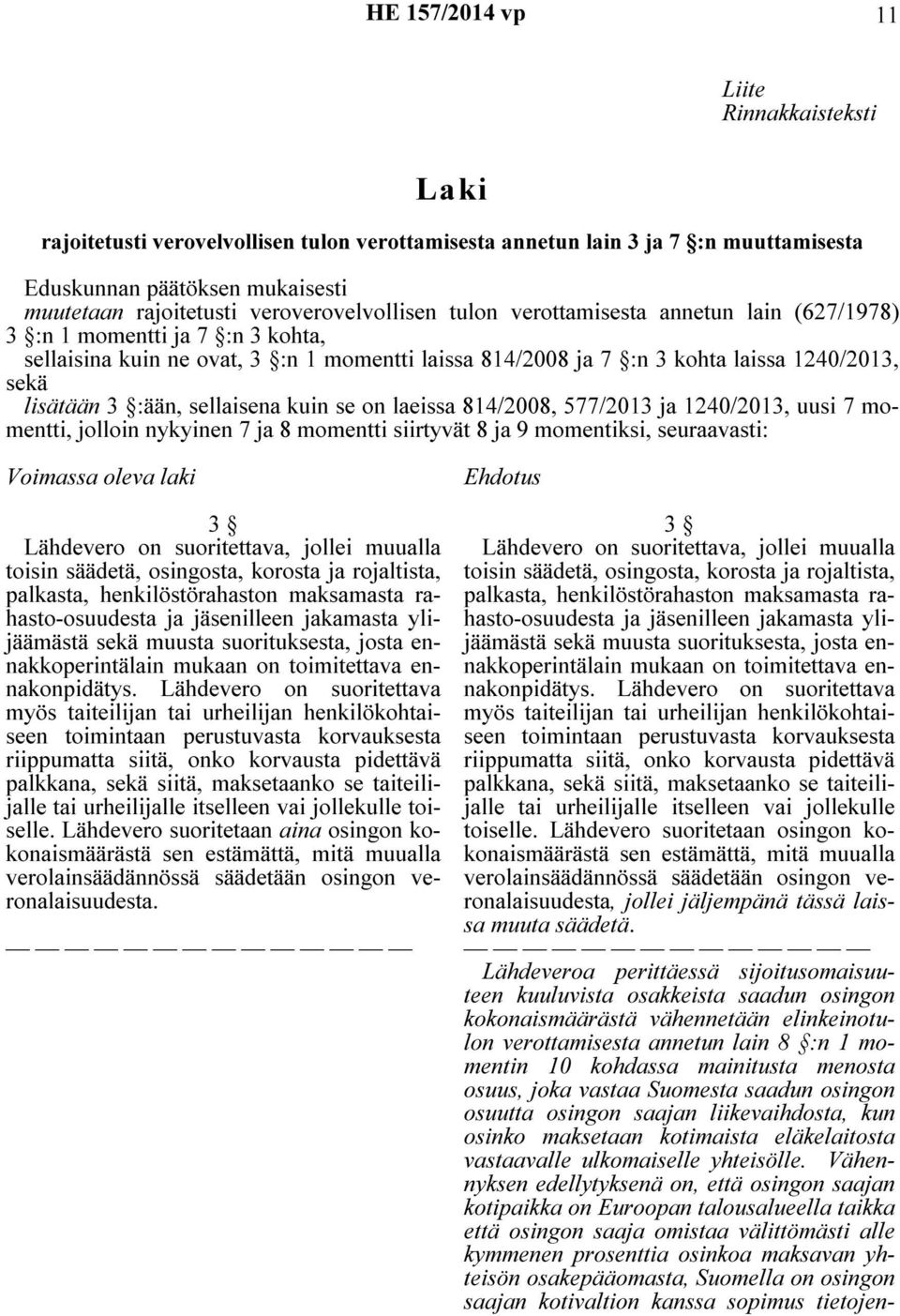 lisätään 3 :ään, sellaisena kuin se on laeissa 814/2008, 577/2013 ja 1240/2013, uusi 7 momentti, jolloin nykyinen 7 ja 8 momentti siirtyvät 8 ja 9 momentiksi, seuraavasti: Voimassa oleva laki 3