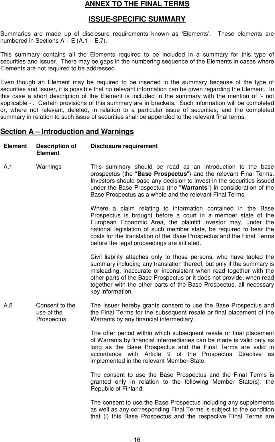 There may be gaps in the numbering sequence of the Elements in cases where Elements are not required to be addressed.