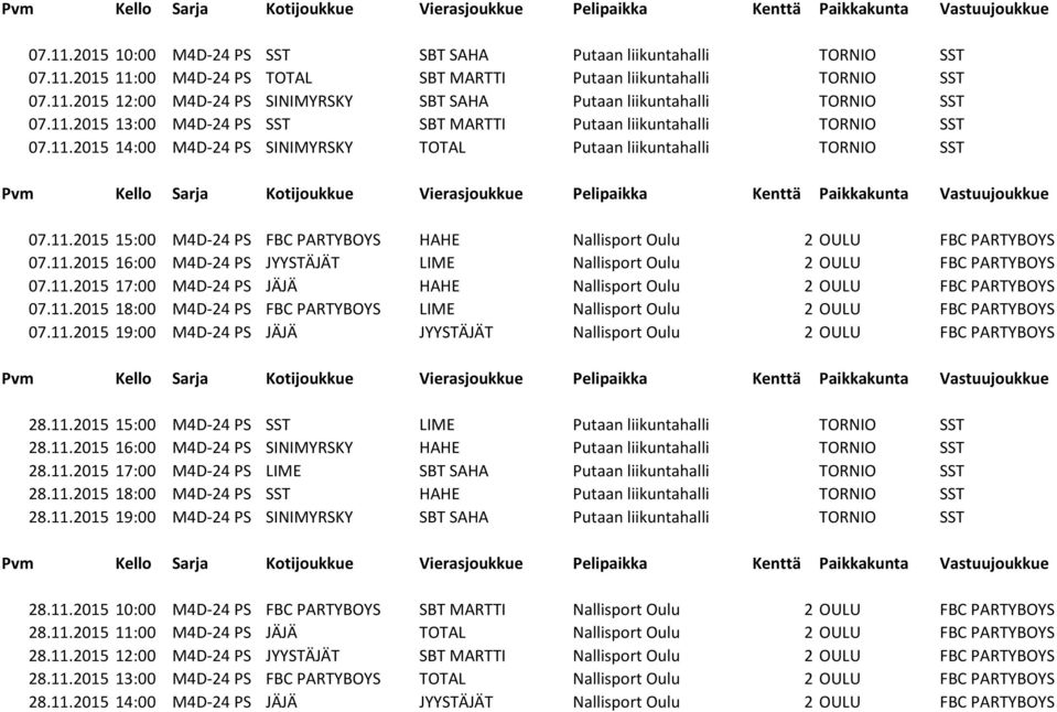 11.2015 16:00 M4D-24 PS JYYSTÄJÄT LIME Nallisport Oulu 2 OULU FBC PARTYBOYS 07.11.2015 17:00 M4D-24 PS JÄJÄ HAHE Nallisport Oulu 2 OULU FBC PARTYBOYS 07.11.2015 18:00 M4D-24 PS FBC PARTYBOYS LIME Nallisport Oulu 2 OULU FBC PARTYBOYS 07.